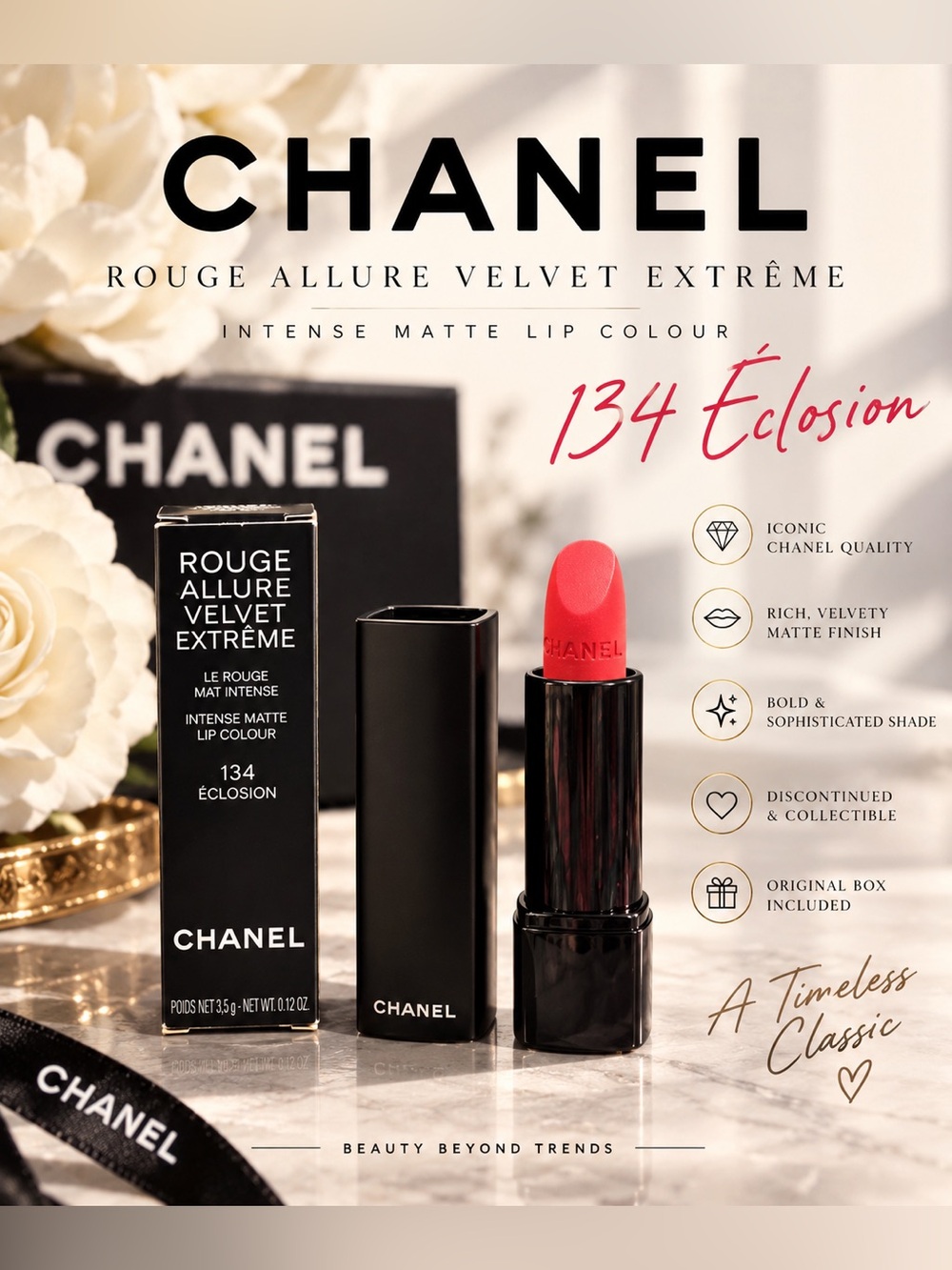 CHANEL Rouge Allure Velvet Extrême 134 Éclosion Lipstick – Unused / Discontinued